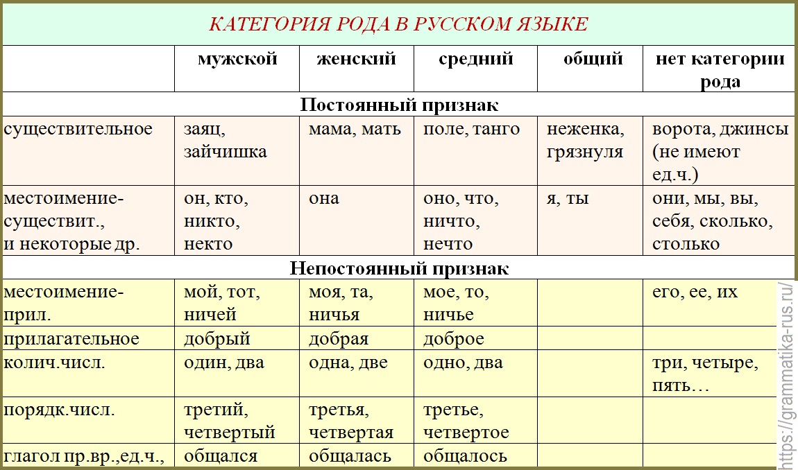 Признаки изменения существительных. Род в русском языке таблица имен существительных. Категория рода в русском языке. Роды существительных в русском языке таблица. Категория рода имени существительного.