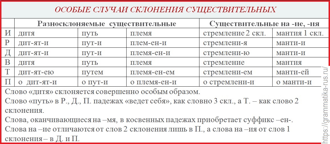 Есть слово склонились. Виды склонения существительных в русском языке таблица. Существительные особого типа склонения. Особые случаи склонения существительных. Исключения существительных первого склонения.